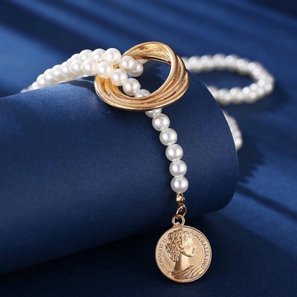 NWB Boho Festival Gold Pearl Layered Multistrand Women’s Chain Necklace - Picture 3 of 6